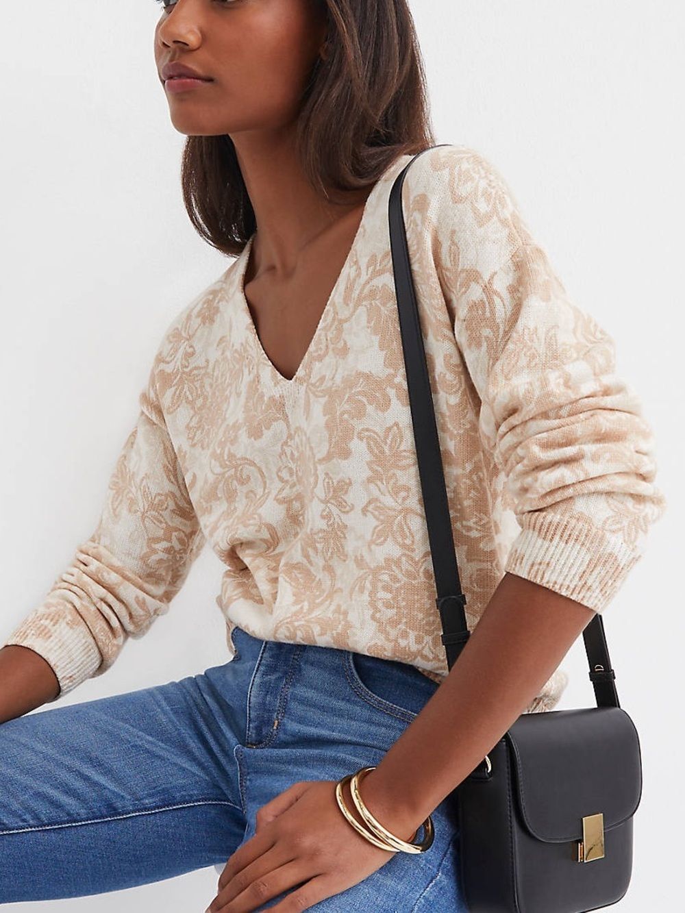 NWT Loft Floral V-Neck Cotton Sweater Beige Boho Earthy Neutral Women’s Small